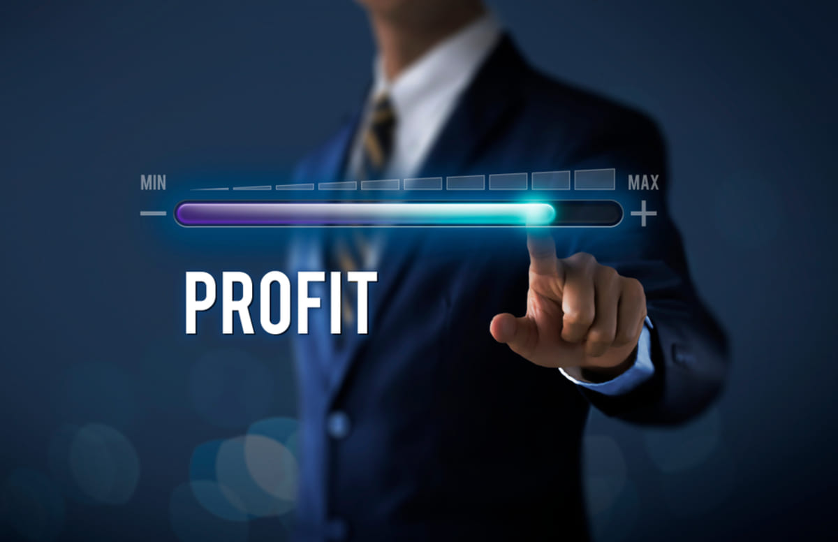 A man in a suit pointing at the word profit
