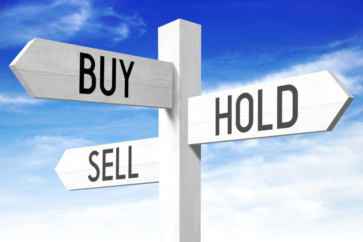 Wooden signs that say buy, hold, sell