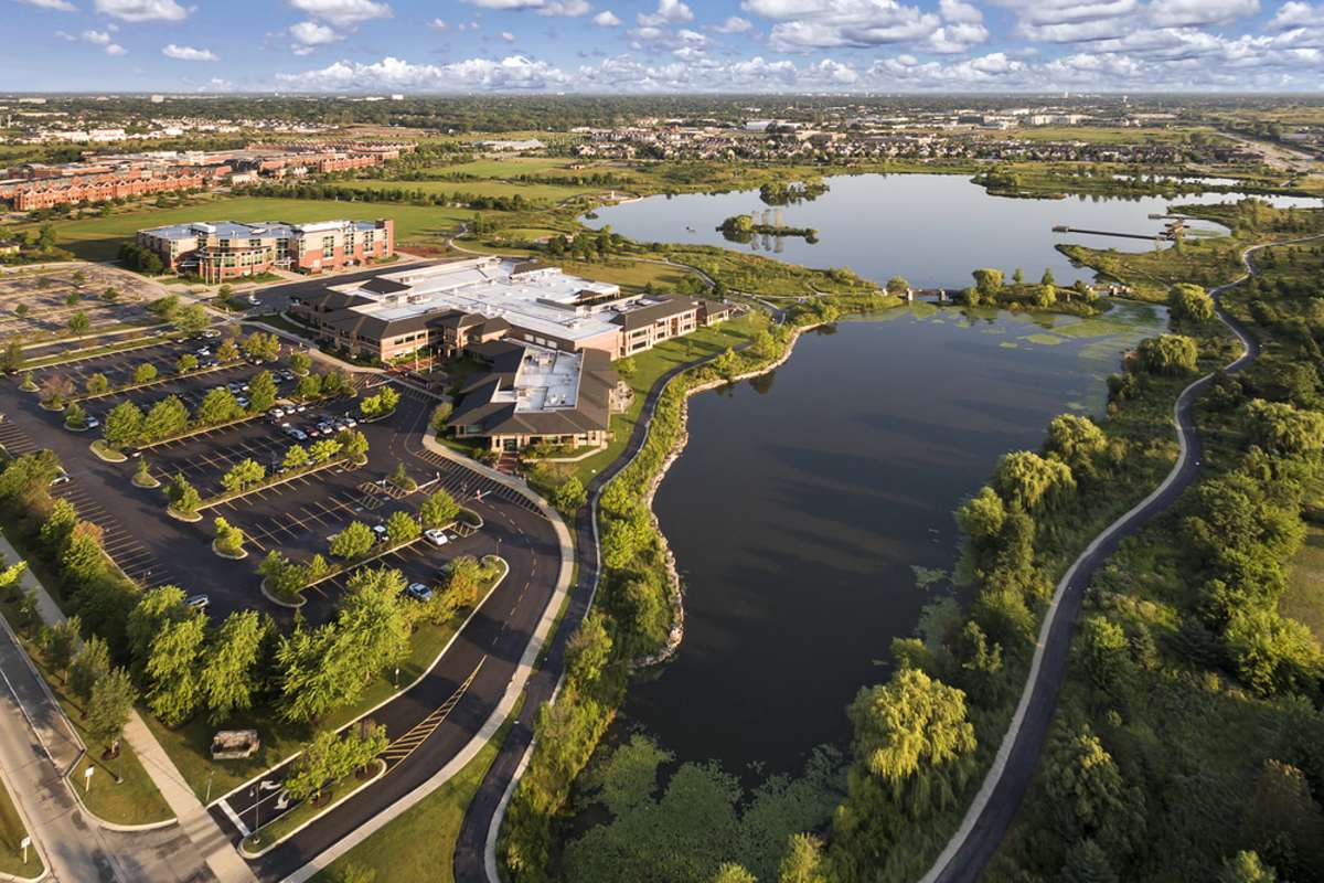 Aerial view of Glenview, IL, showing potential commercial buildings near me for sale