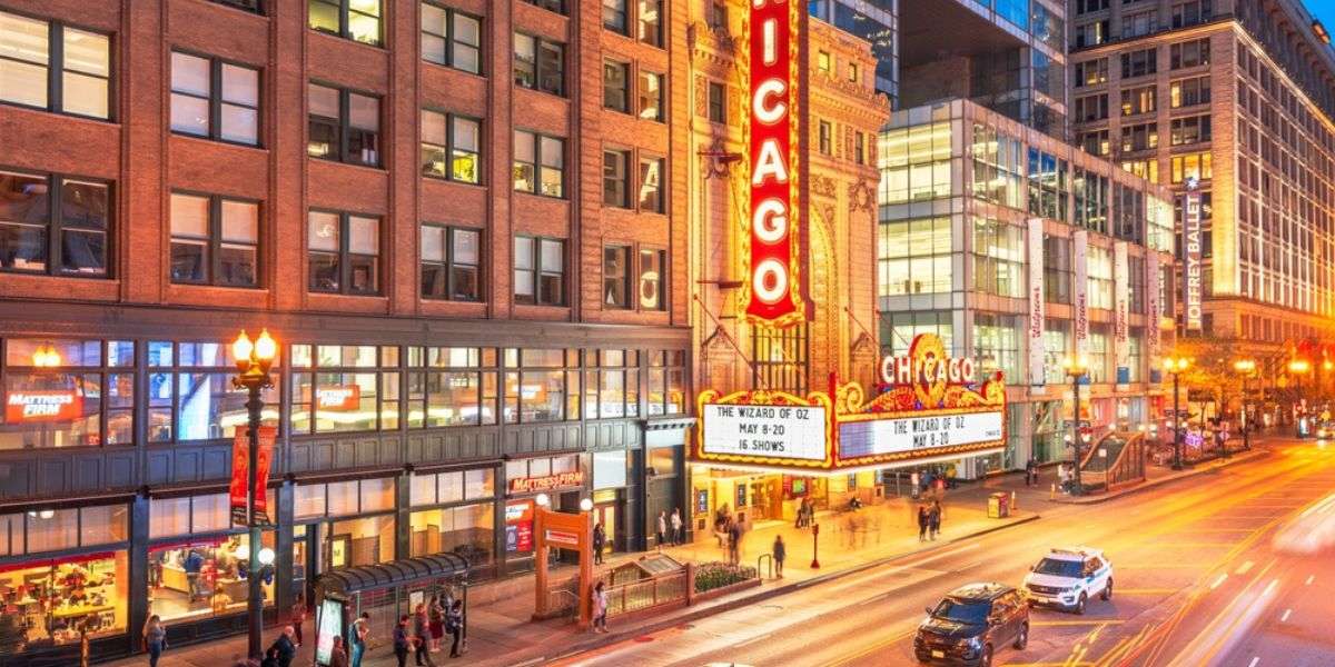 the landmark Chicago Theatre on State Street at twilight
