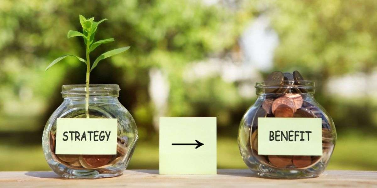Strategy, benefit - sticker on a glass jars, with coins and a plant in one of them, where a womans hand puts a coin